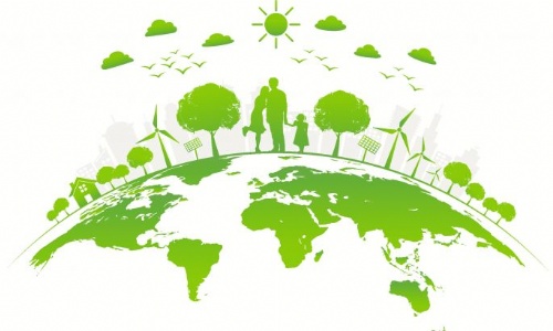 drawing of the earth, with trees, sun, wind turbines and a family standing in teh middle